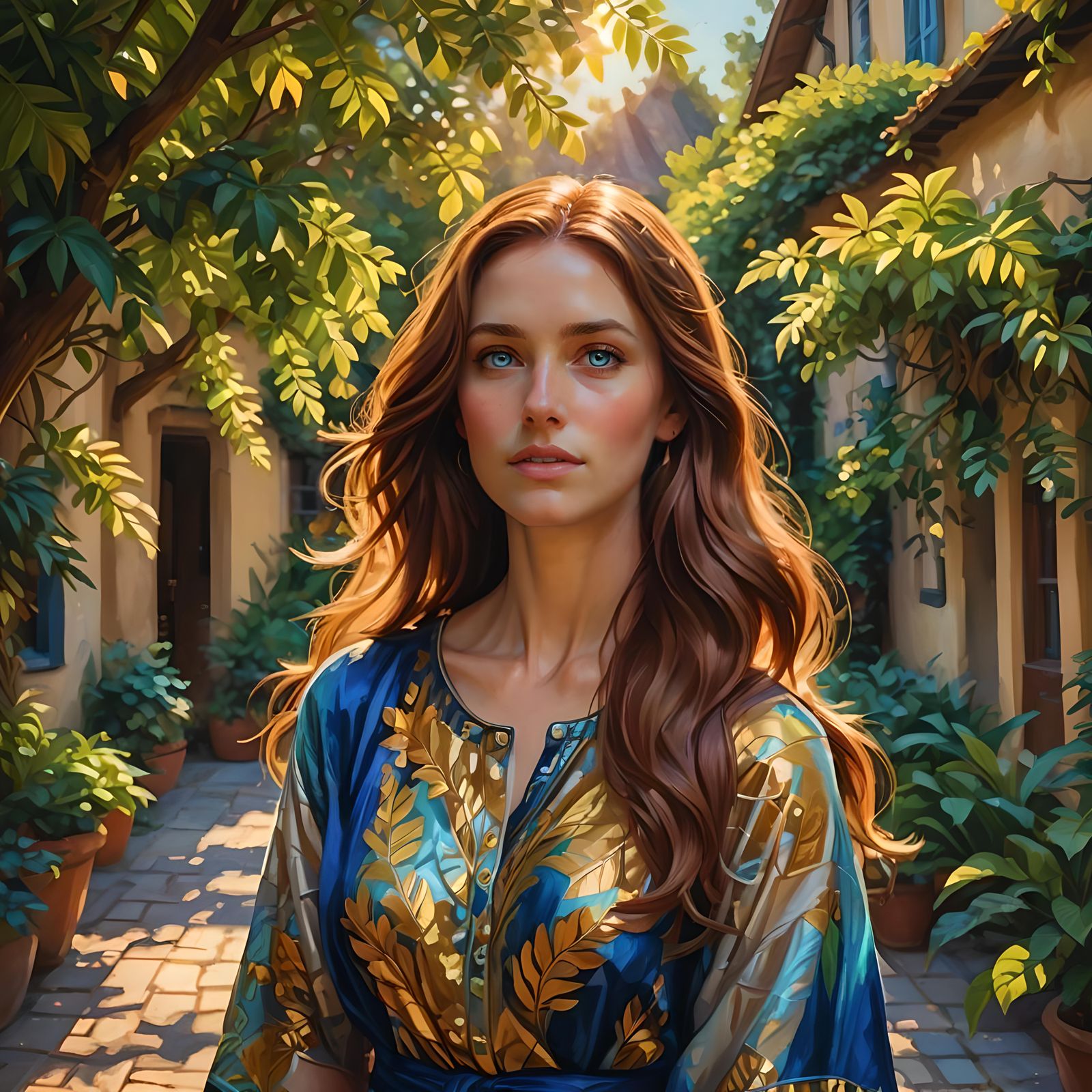 Woman in Sunlit Courtyard: Fauvist Portrait