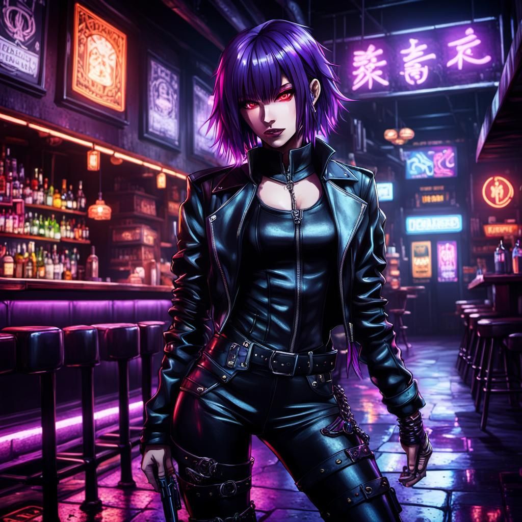 Sultry Purple Haired Assassin Enters Dimly Lit Bar