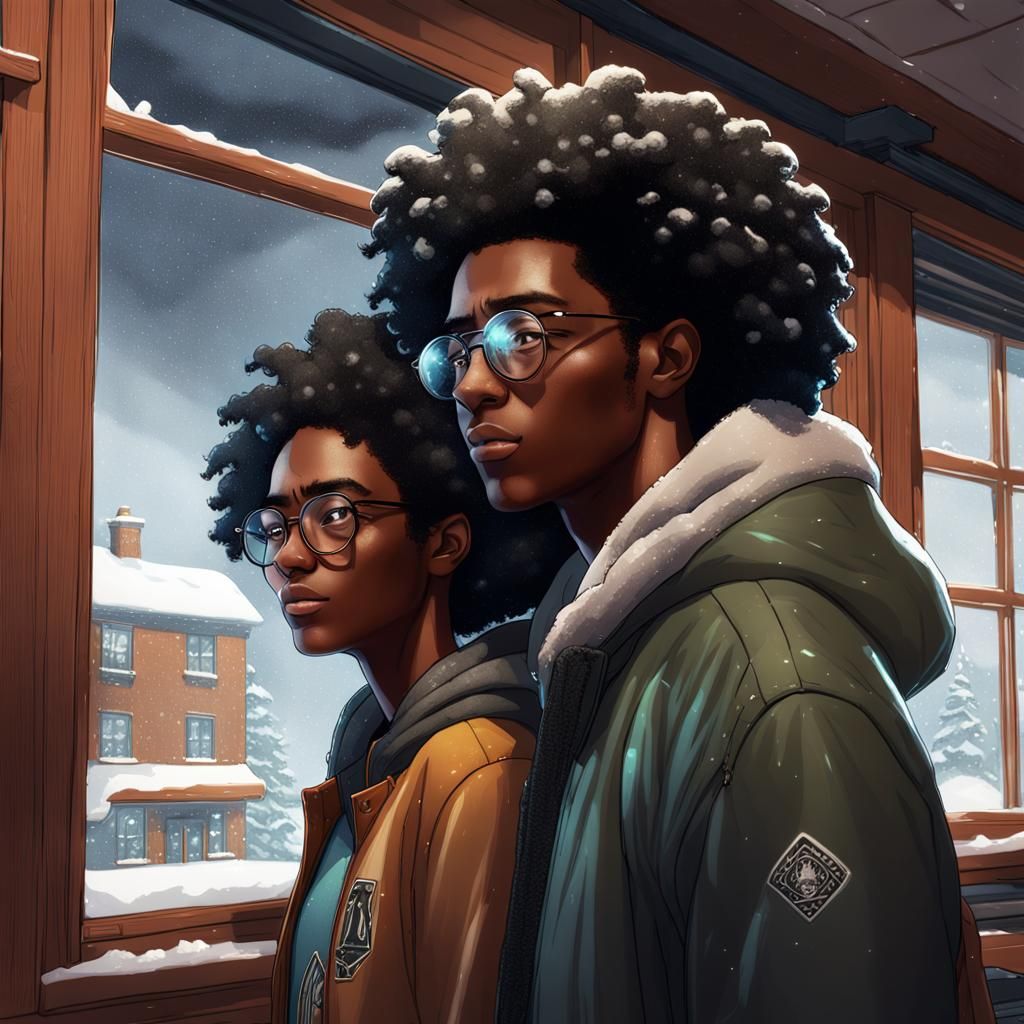 Teenagers Cuddling Watching Snowfall: Detailed Portrait