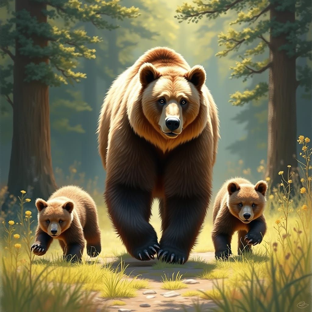 Majestic Grizzly Bear Mother Guides Her Rambunctious Cubs in...