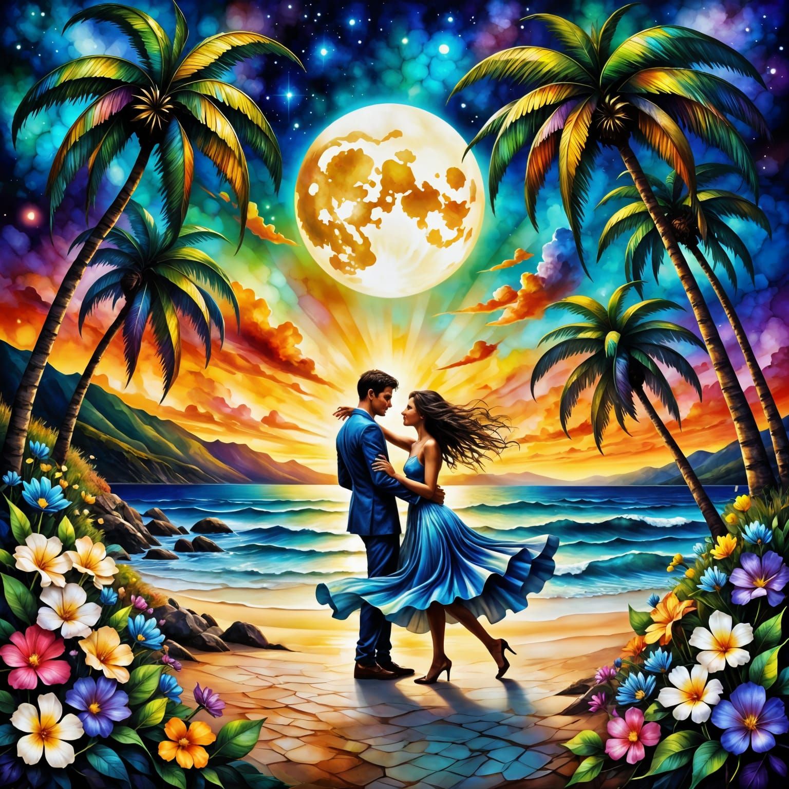 Surreal Impasto Painting of Lovers Dancing Under the Stars