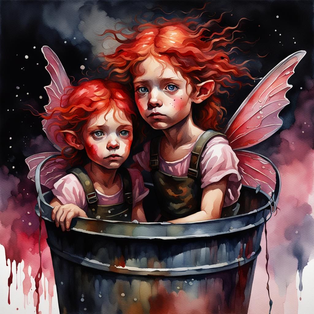 Red-Haired Fairy Twins in Apocalyptic Watercolor