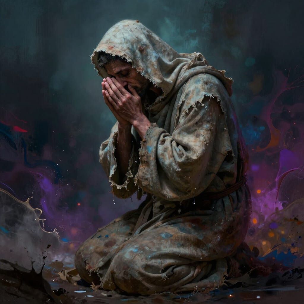 Figure Kneeling in Sorrow Under Dramatic Light