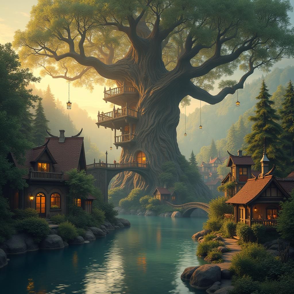 Enchanting River Village with Treehouse in Forest