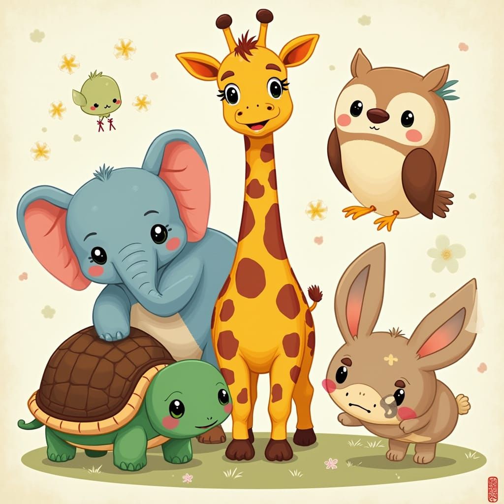 Disney-Style Cartoon Animal Stickers in Kawaii Ukiyo-e Style