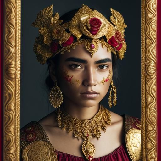 Ornate Female Warrior in Ruby and Gold Armor