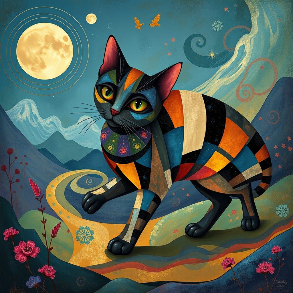 Surrealist Feline Emerges from Dreamlike Landscape in Cubist...