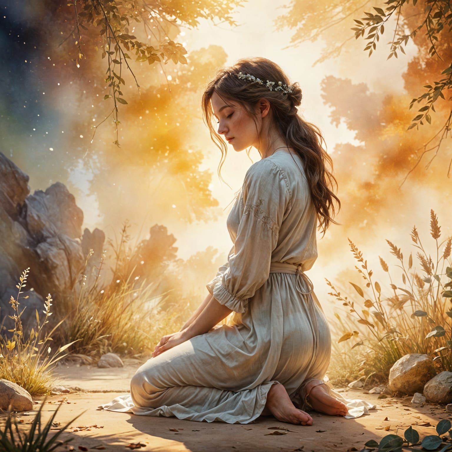 Contemplative Figure in Dreamy Watercolor Style