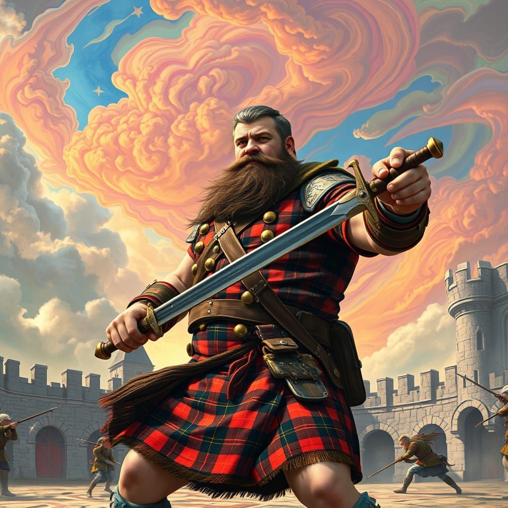 Scottish Warrior Rages in Psychedelic Battle Scene