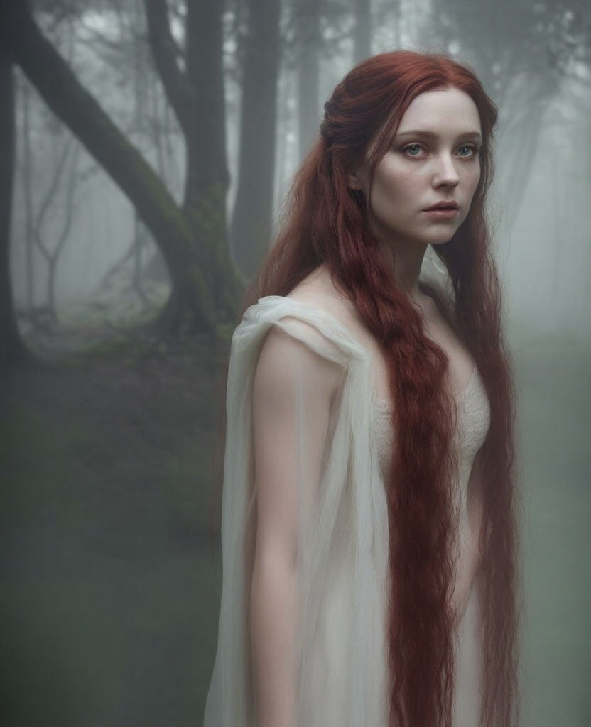 Ethereal Woman in Misty Forest, Dark Fantasy Art