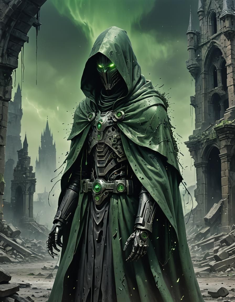 Black Metal Robot in Green Cloak