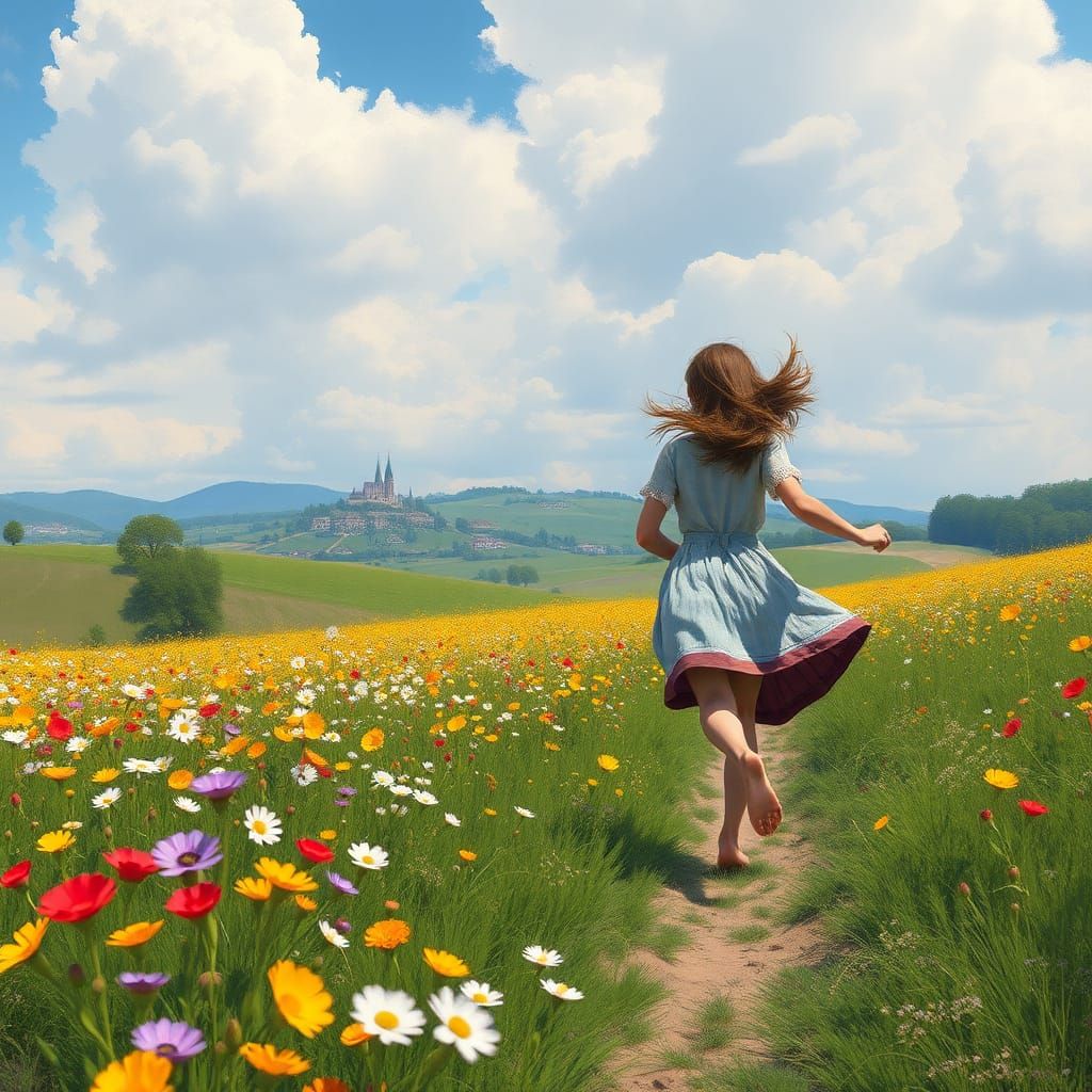 Hungarian Girl in Flower Field, Impressionistic Oil Painting