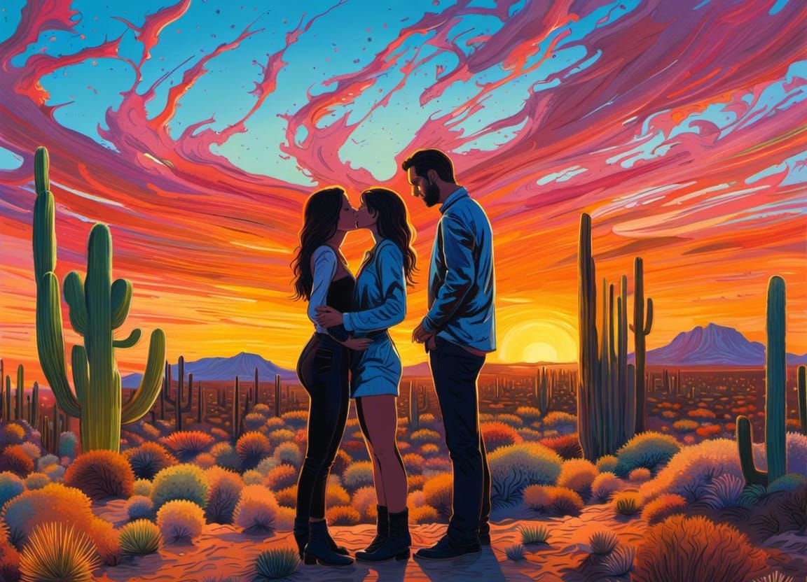 Dystopian Desert Kiss at Sunset in Painting Style