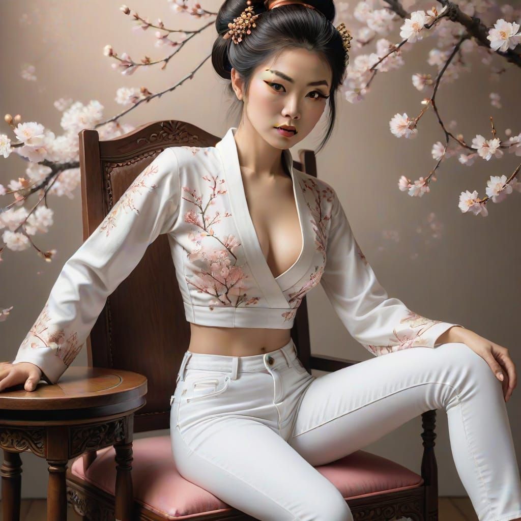 Geisha in Modern Attire with Cherry Blossoms