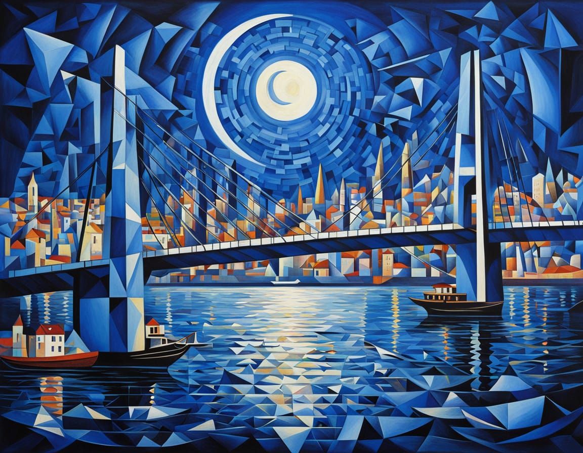 Cubist Bosphorus at Dusk in Monochrome with Blue Highlights