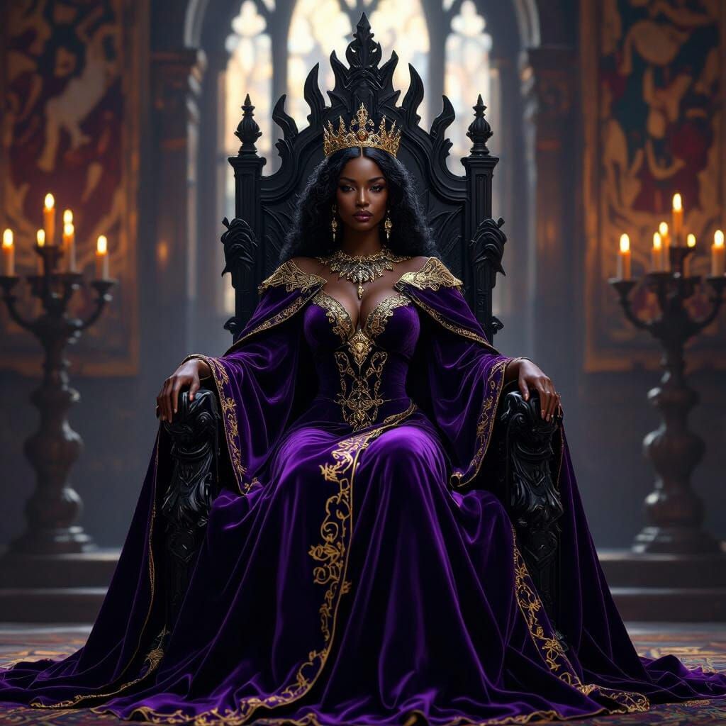 Regal Black Queen on Obsidian Throne in Hyperrealistic Style