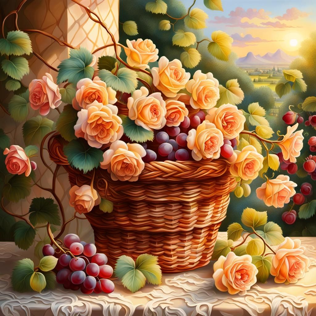 Romantic Still Life with Roses and Grapes