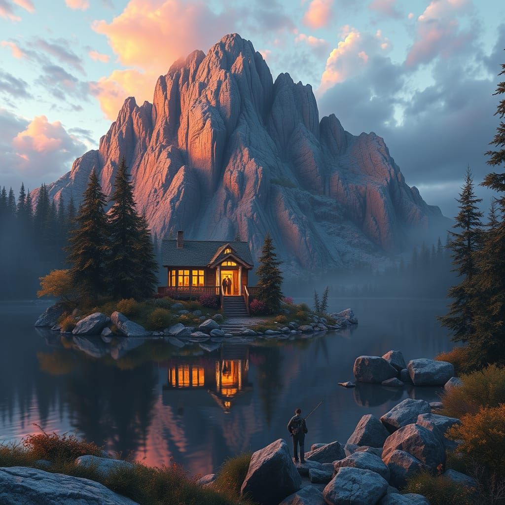 Surreal Lake Scene in Retro Futuristic Style