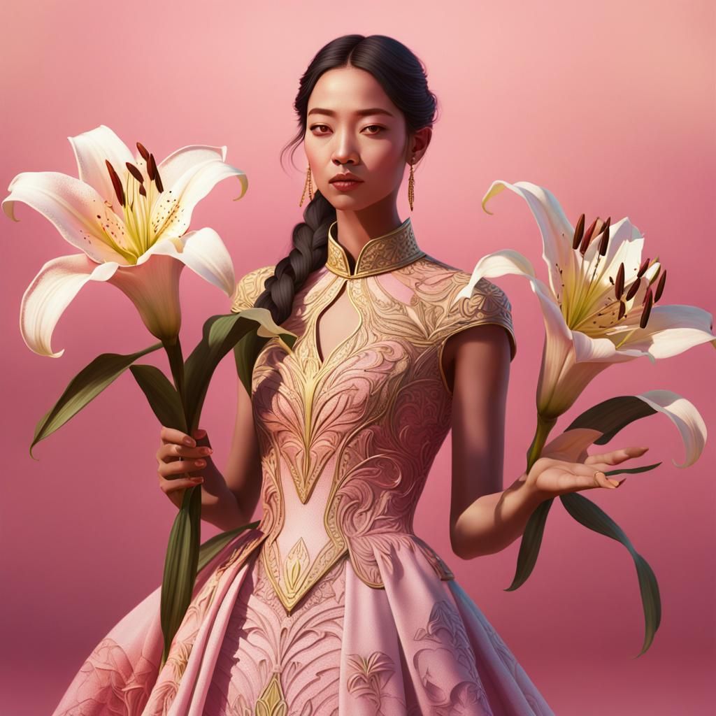 Woman with Lily: Hyper-Realistic Fantasy Art