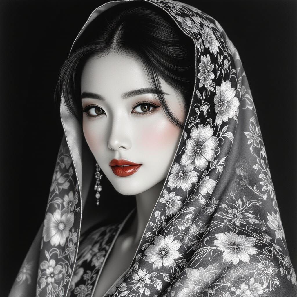 Monochrome Pencil Portrait of Elegant Chinese Woman