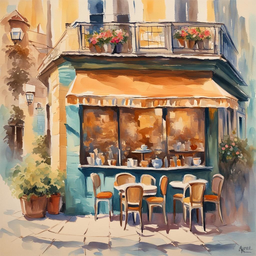 Romantic Vintage Coffee House in Watercolor Gouache Style