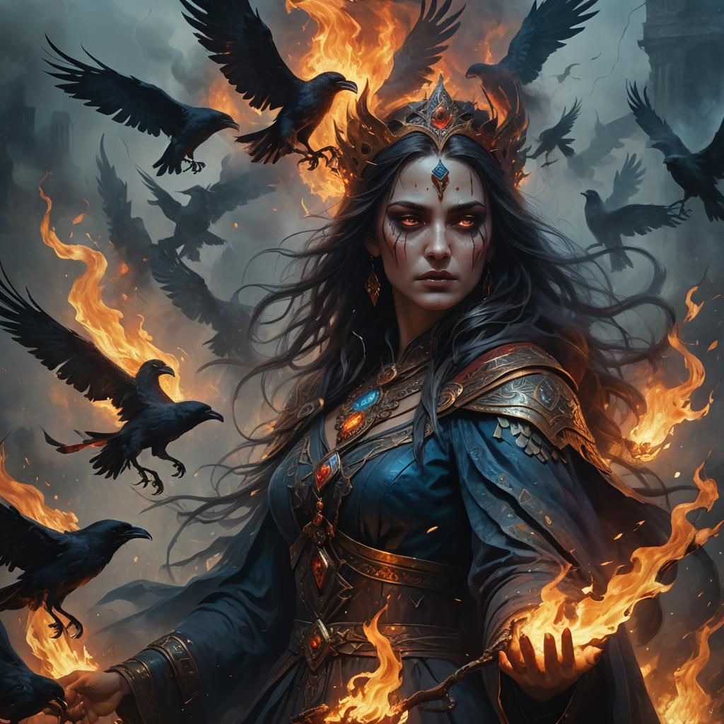 Ethereal Dark Fantasy Priestess with Flames