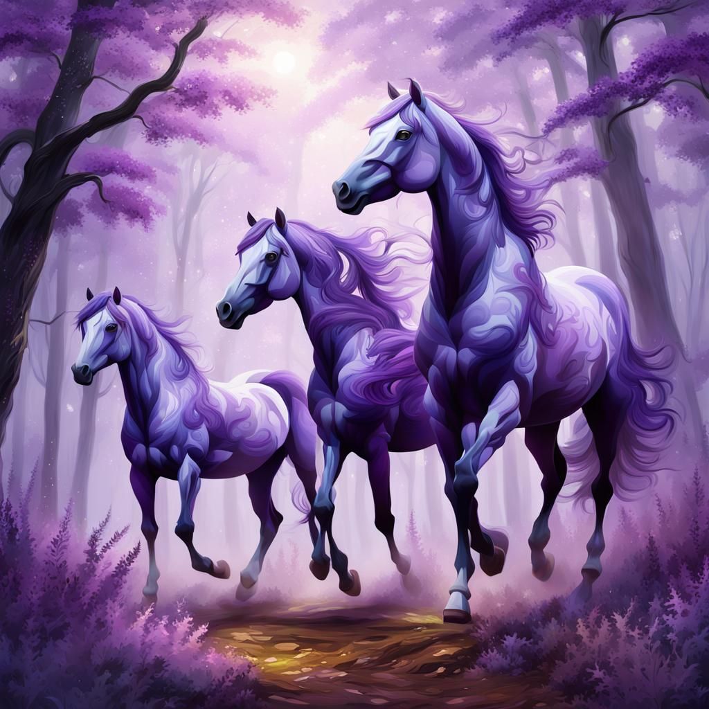 Purple Horses Prancing in Dreamy Forest, Digital Art