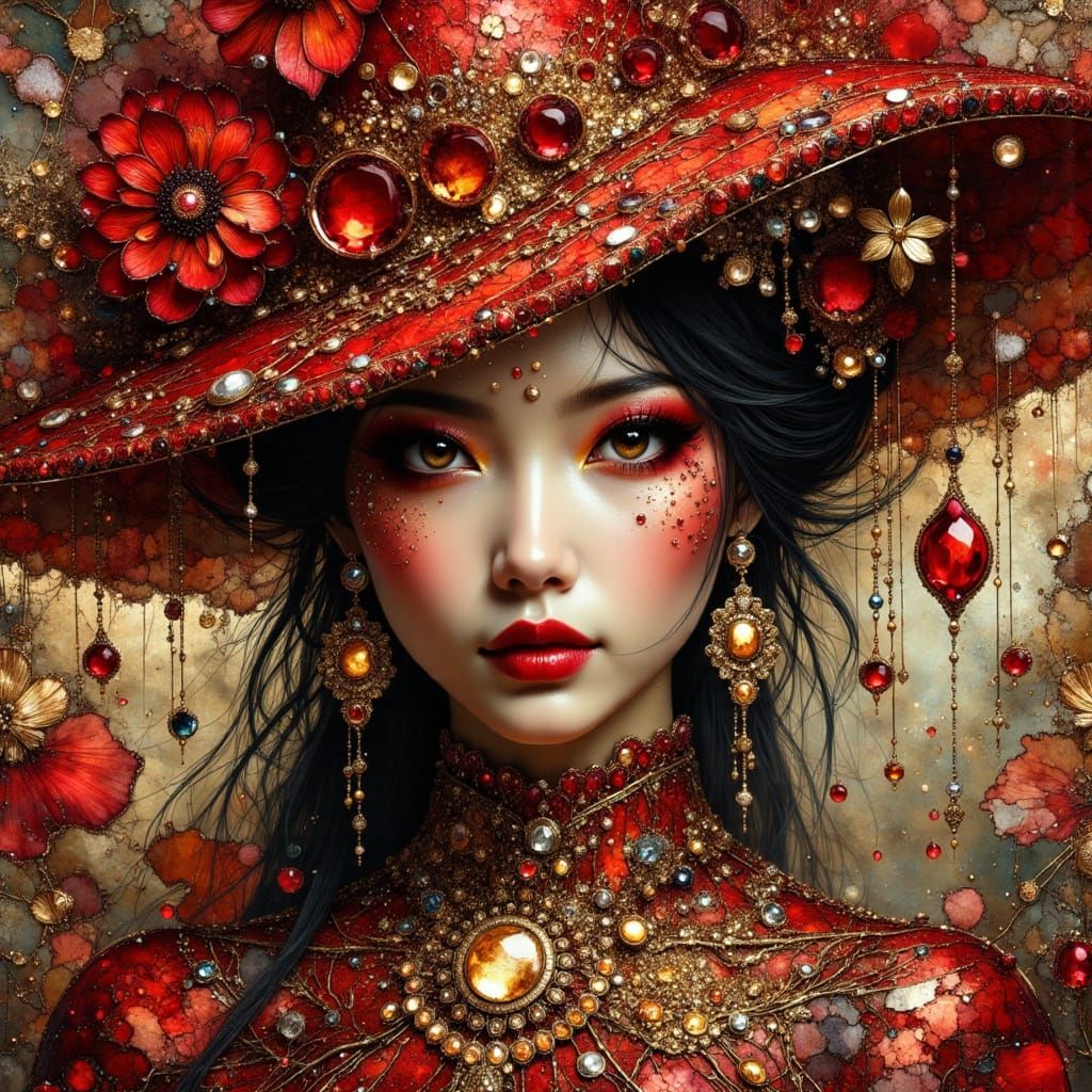 Ornate Woman in Red Hat Digital Art