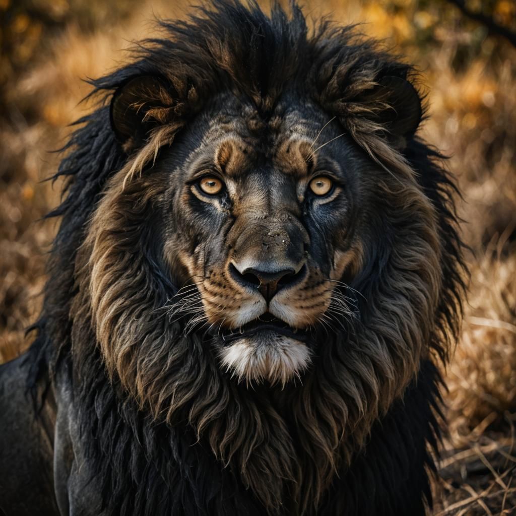 Regal Black Lion Portrait in Hyperrealistic Style