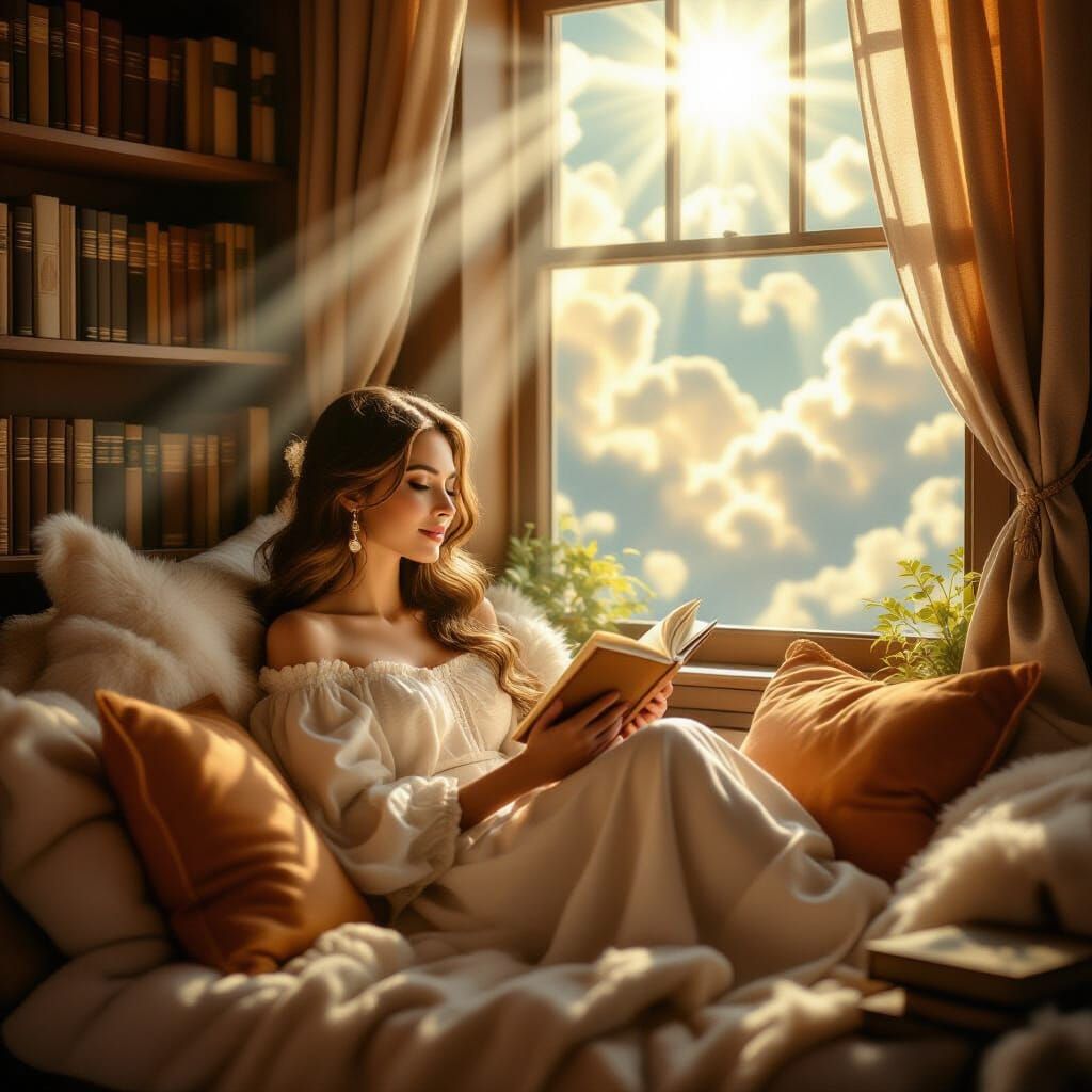 Serene Woman in a Surreal Reading Nook