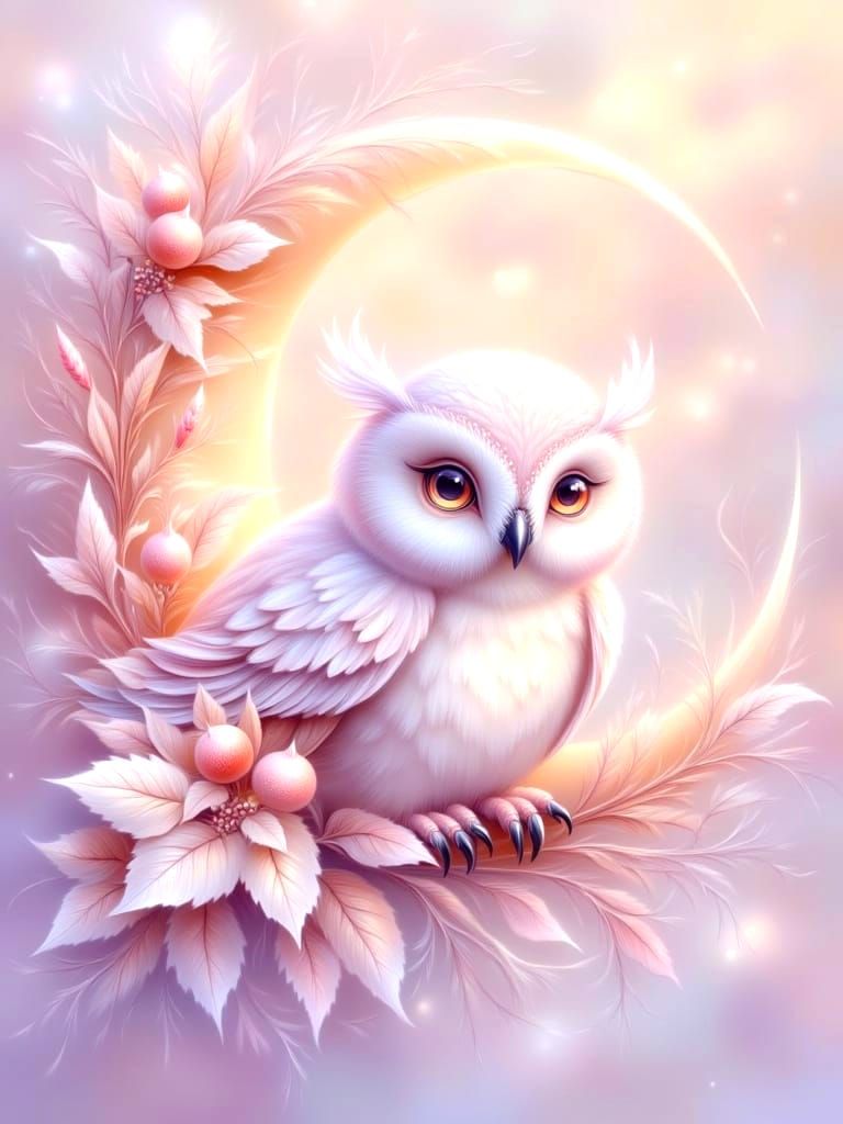 Pastel Owl in Crescent Moon: Fantasy Digital Art