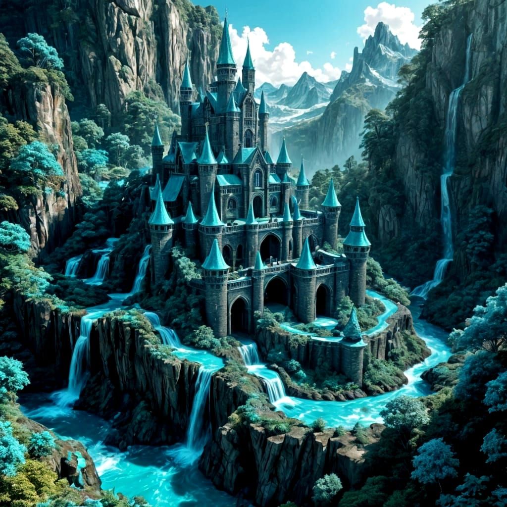 Turquoise Castle in Mountain Range with Waterfalls