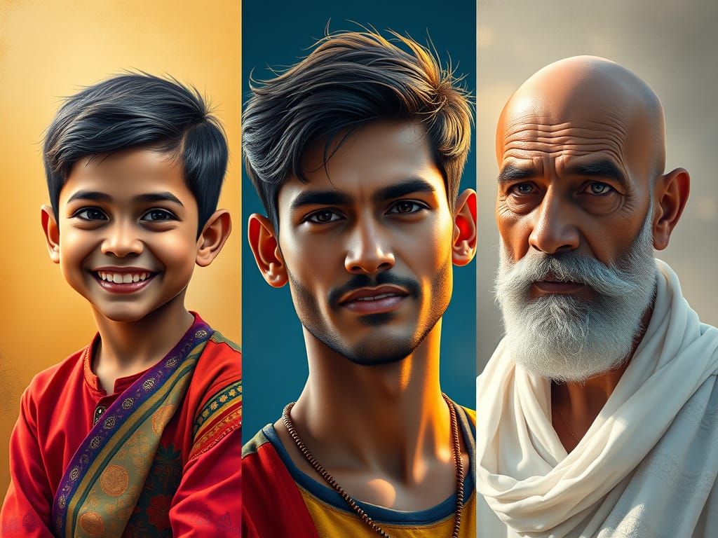 Hyperrealistic Triptych Portrait of an Indian Male Life Stag...