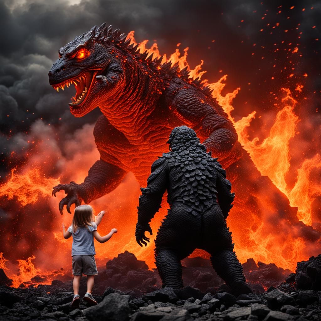 Godzilla's Fiery Rescue: Saving a Child from Lava