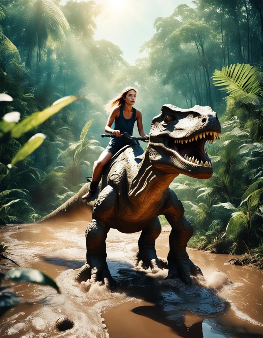 Girl Rides Dinosaur in Jungle: Cinematic Photo
