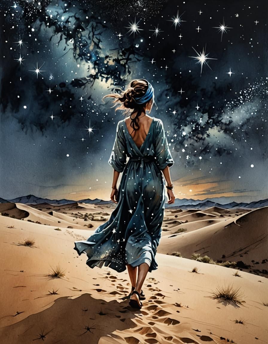 Expansive Starry Sky Over Desert in Watercolor