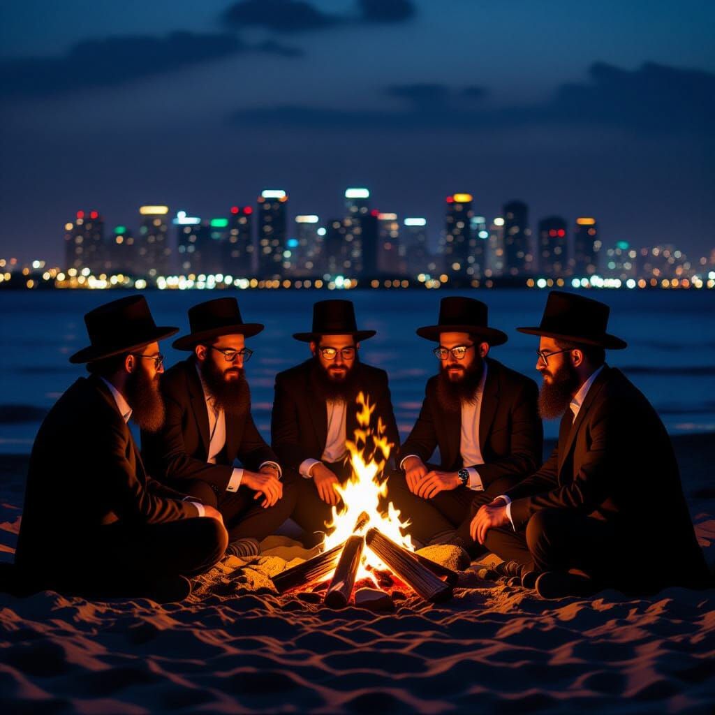 Hasidic Men Around Bonfire on Tel Aviv Beach