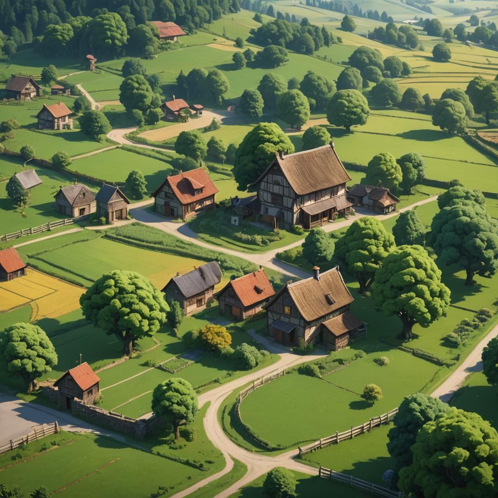 Anime Farm Scene with Green Fields and Road