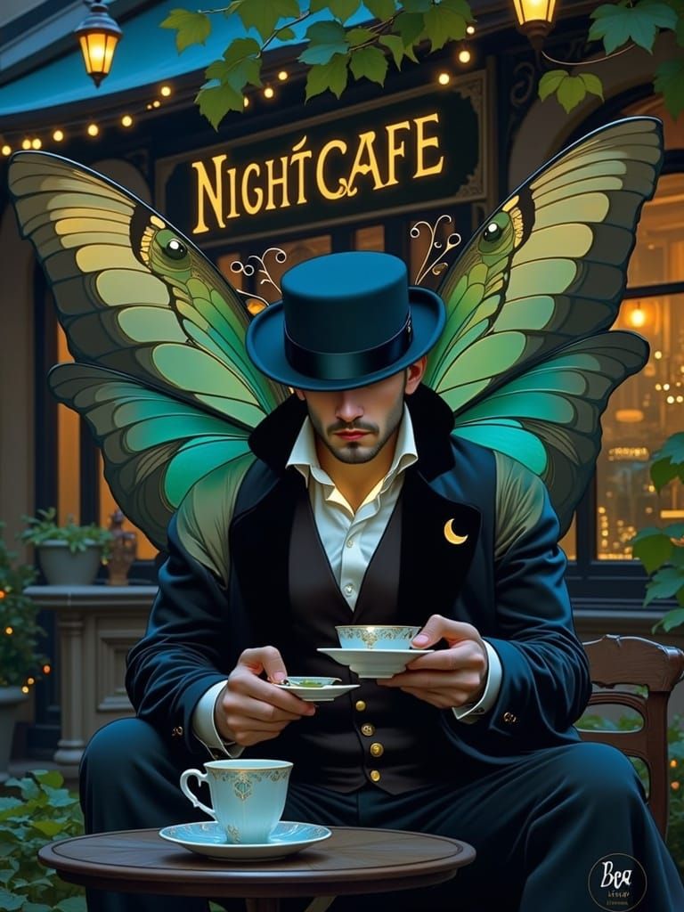 Moth Gentleman Sips Tea Under Starry Night Sky in Elegant Ca...