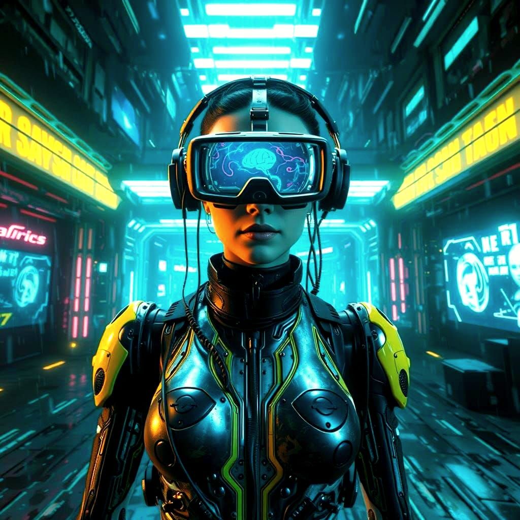 Cyberpunk Android with VR Headset in Neon Cityscape