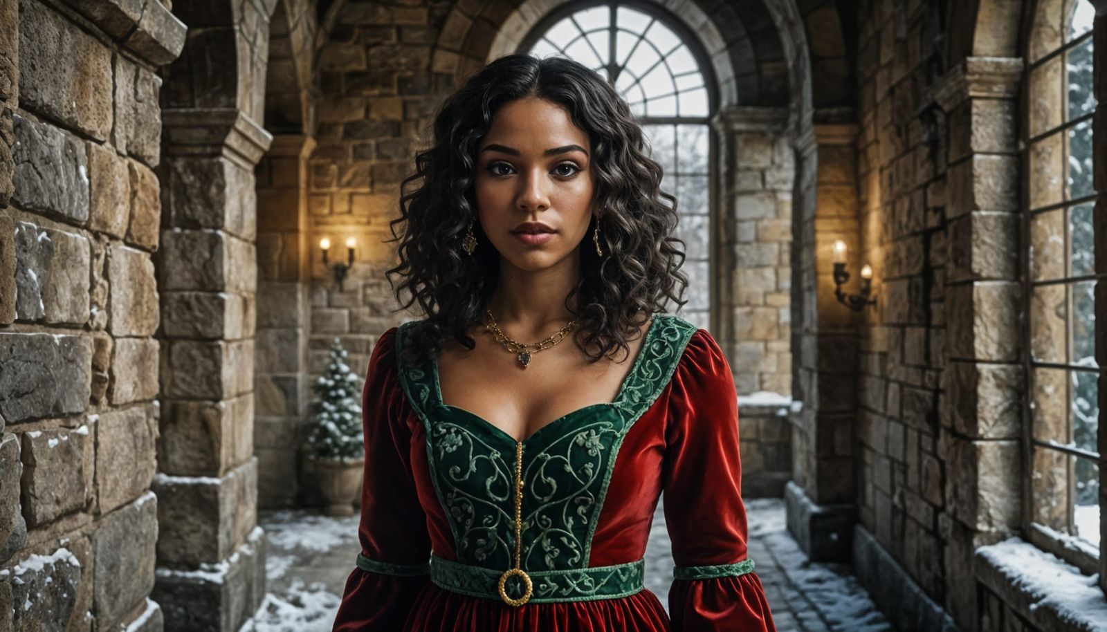 Dominican Woman in Castle Hallway: Hyper-Realistic Winter Sc...