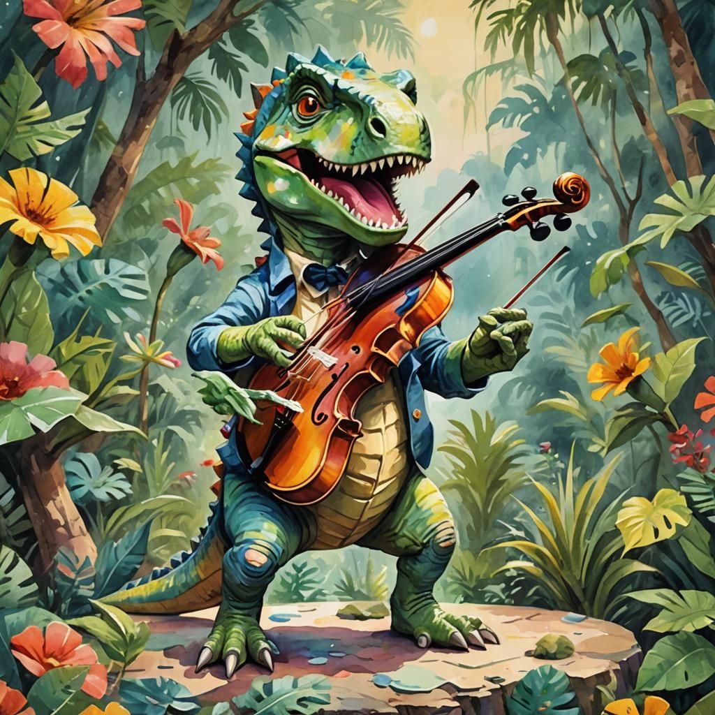Cartoon Dinosaur Plays Violin: Gouache Watercolor Masterpiec...
