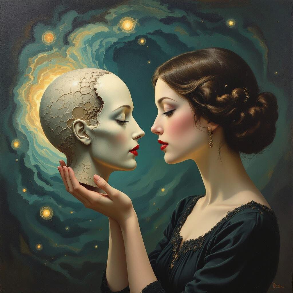 Surrealist Painting of Woman in Conversation With Detached H...