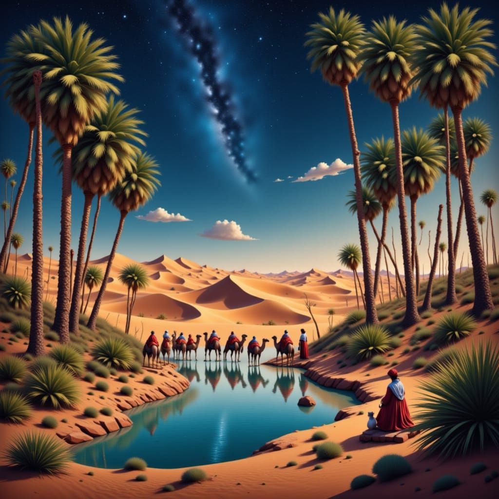 Camels Drink at Verdant Oasis Under Starry Night Sky