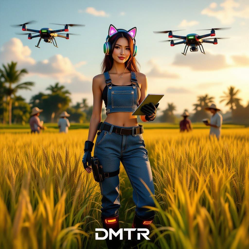 Modern Farmer in Indonesian Rice Field, Digital Art
