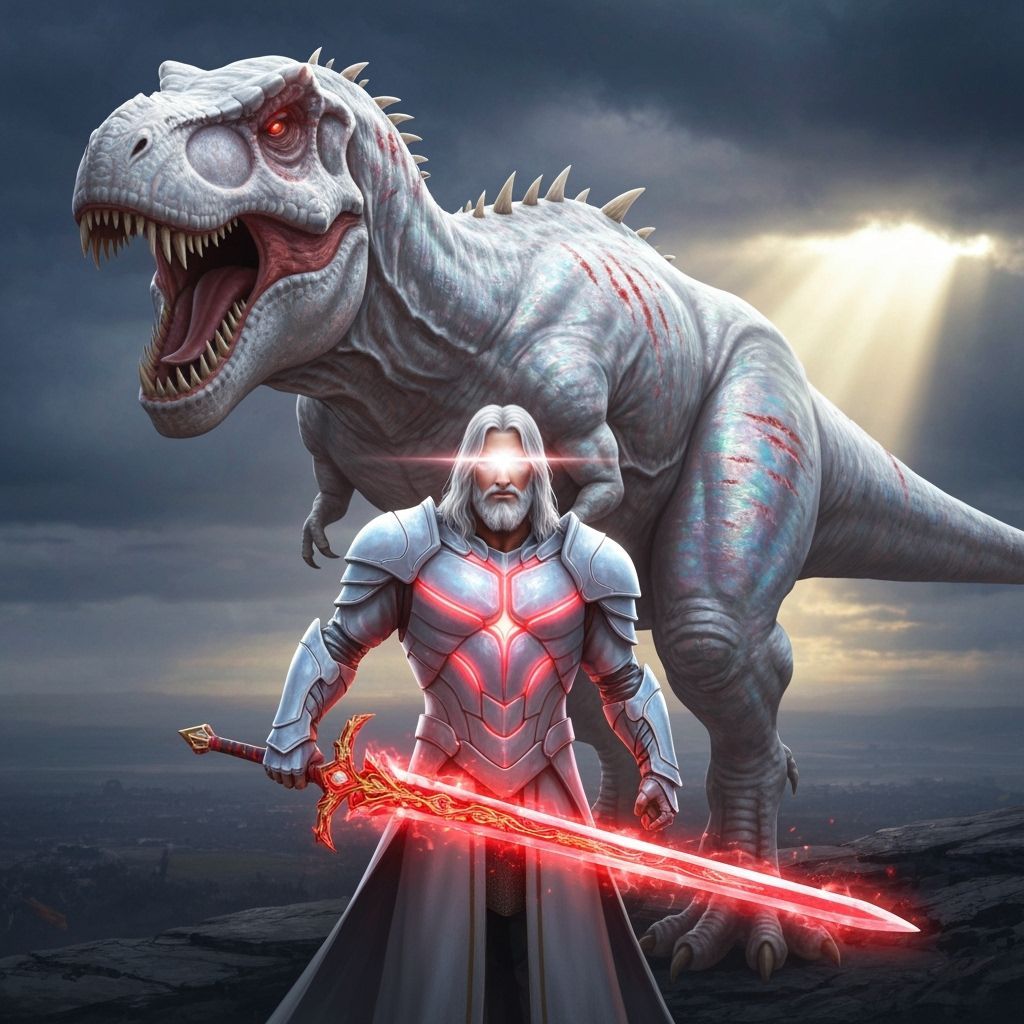 Jesus Christ as Warrior with T-Rex in Divine Armor