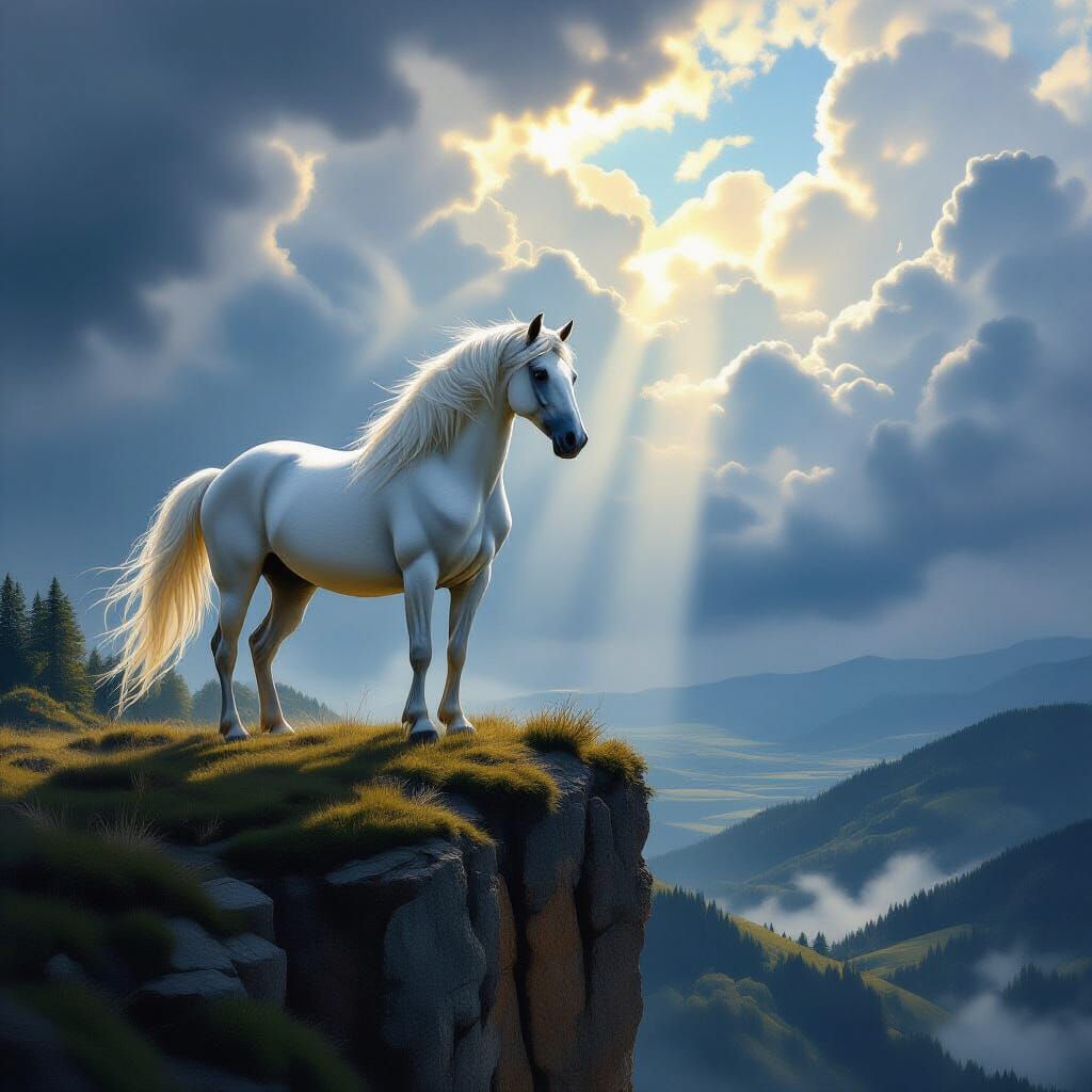 Majestic White Stallion on Cliff Overlooking Ancient Forest