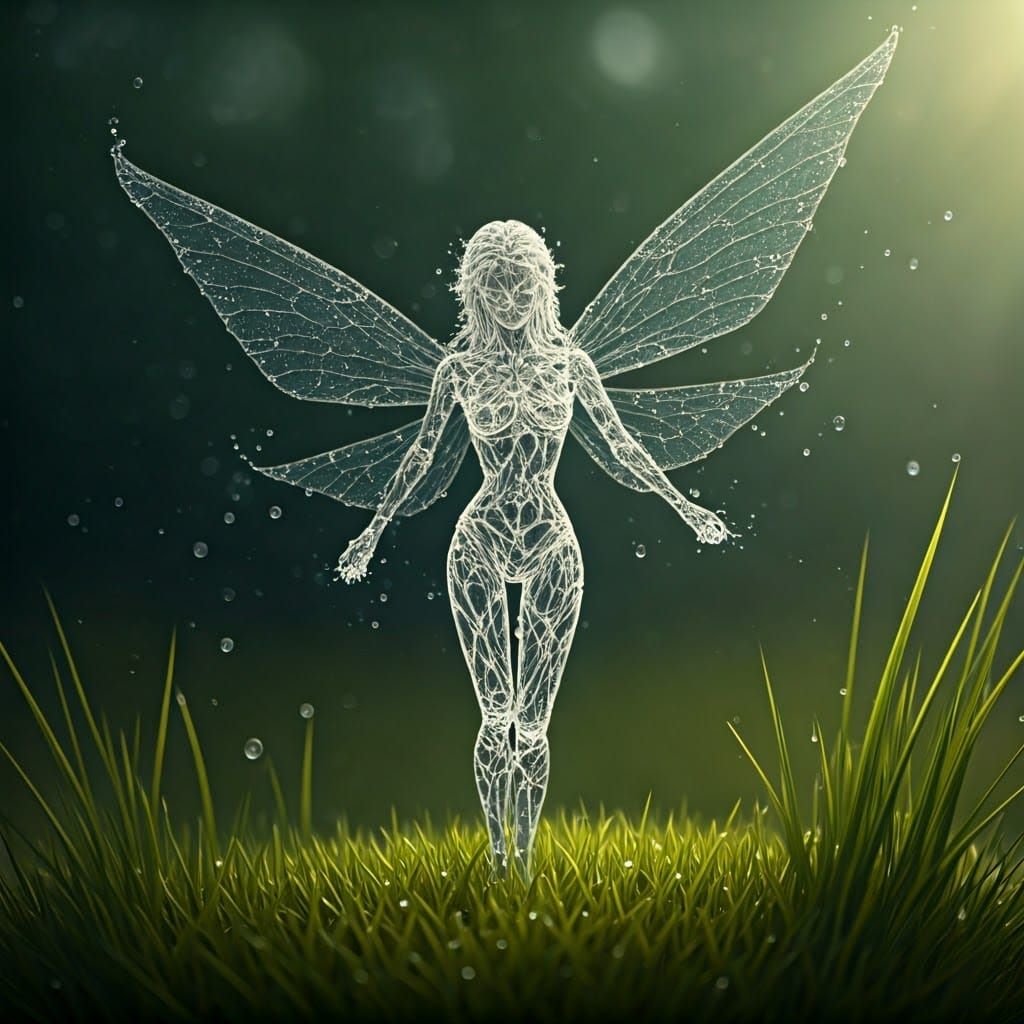 Ethereal Raindrop Fairy in Meadow: Hyper-Detailed