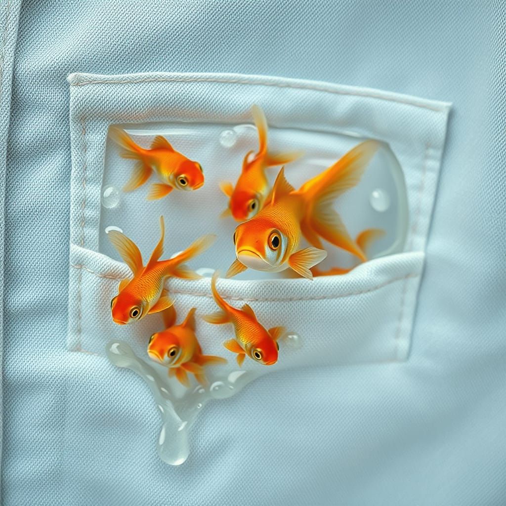 Tiny Goldfish in Shirt Pocket, Macro Textile Realism