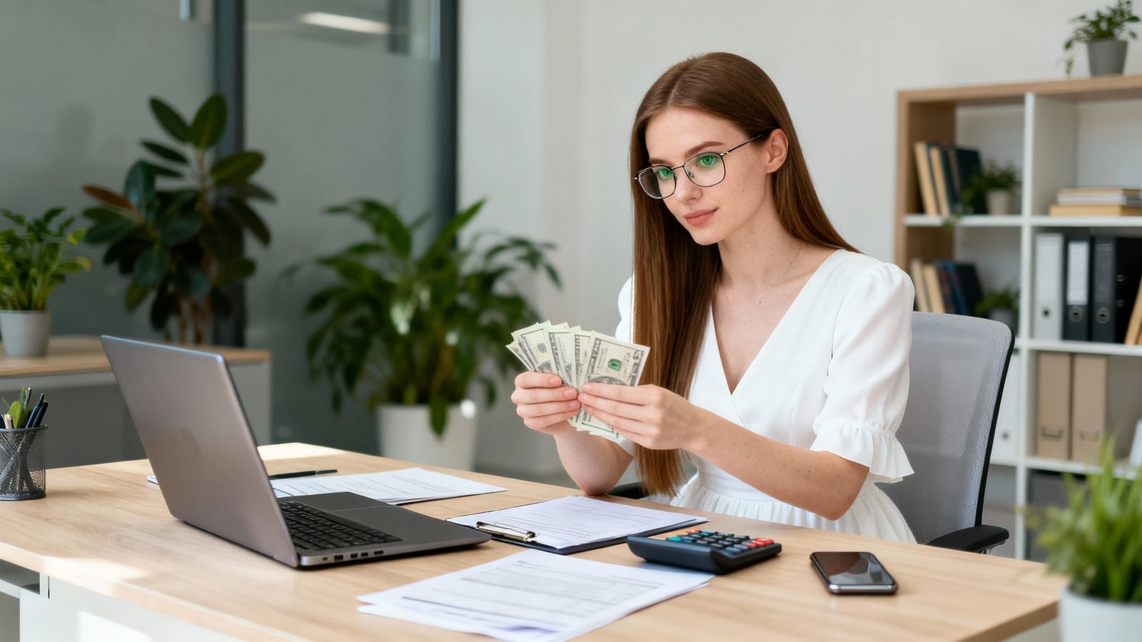 Professional Photo of Woman in Office with Money